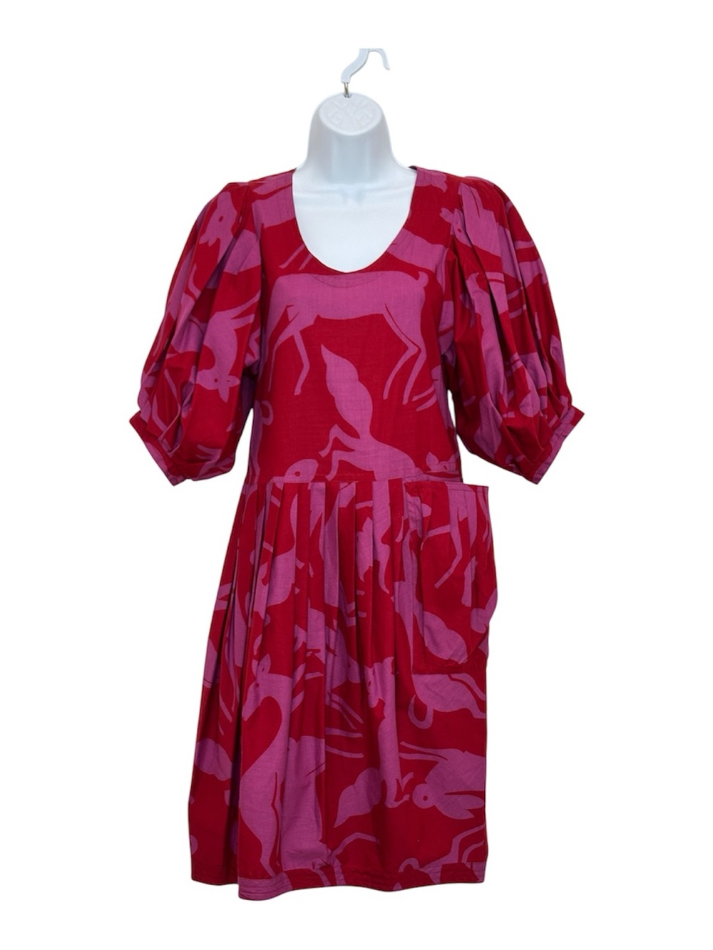Vintage 80s Chacok Paris Gazelle Print Cotton Puff Sleeve Dress Pink Red XS